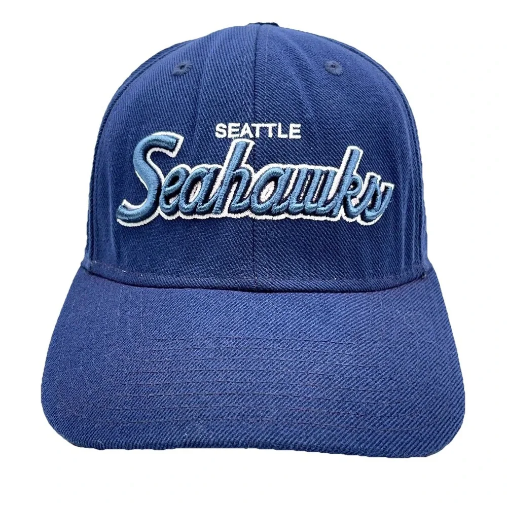 Vintage Seattle Seahawks Hat Cap Strap Back Blue Script Wool Dad‎ Adjustable Y2K